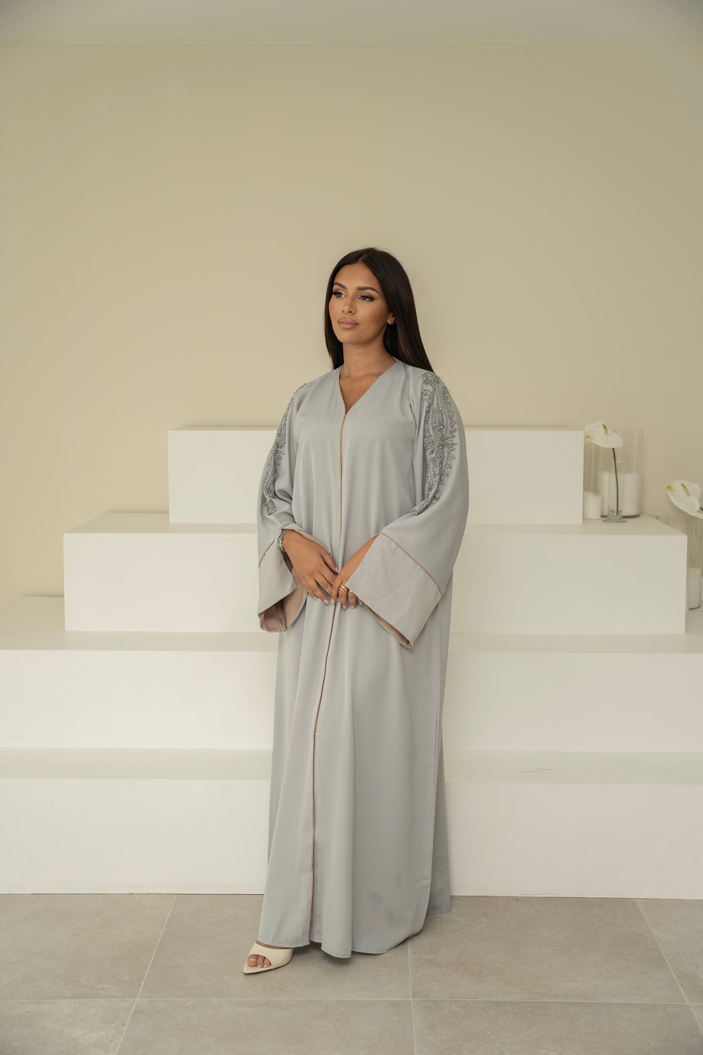 ABAYA TESNIM GRIS CLAIR/BEIGE